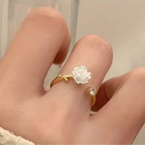 Adjustable Cuff Ring with a Dainty Camellia Design Inlaid Shining Zircon